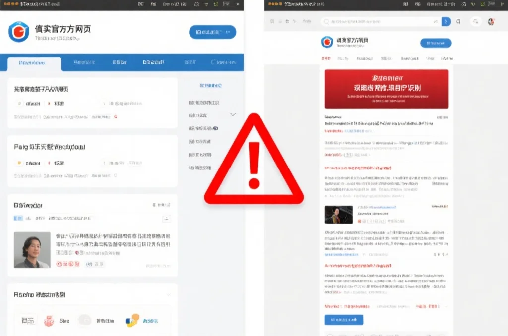 一张对比图，左侧是真实官方网页，右侧是模仿的虚假网页，中间用红色警示符号分隔，提醒用户识别